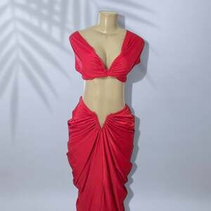 Red Two-Piece Draped Ruched Maxi Skirt and Crop Top Set in Red (S)